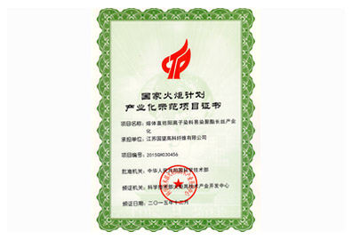 國(guó)家火炬計(jì)劃產(chǎn)業(yè)化示范項(xiàng)目證書(shū) 熔體直紡陽(yáng)離子染料易染聚酯
